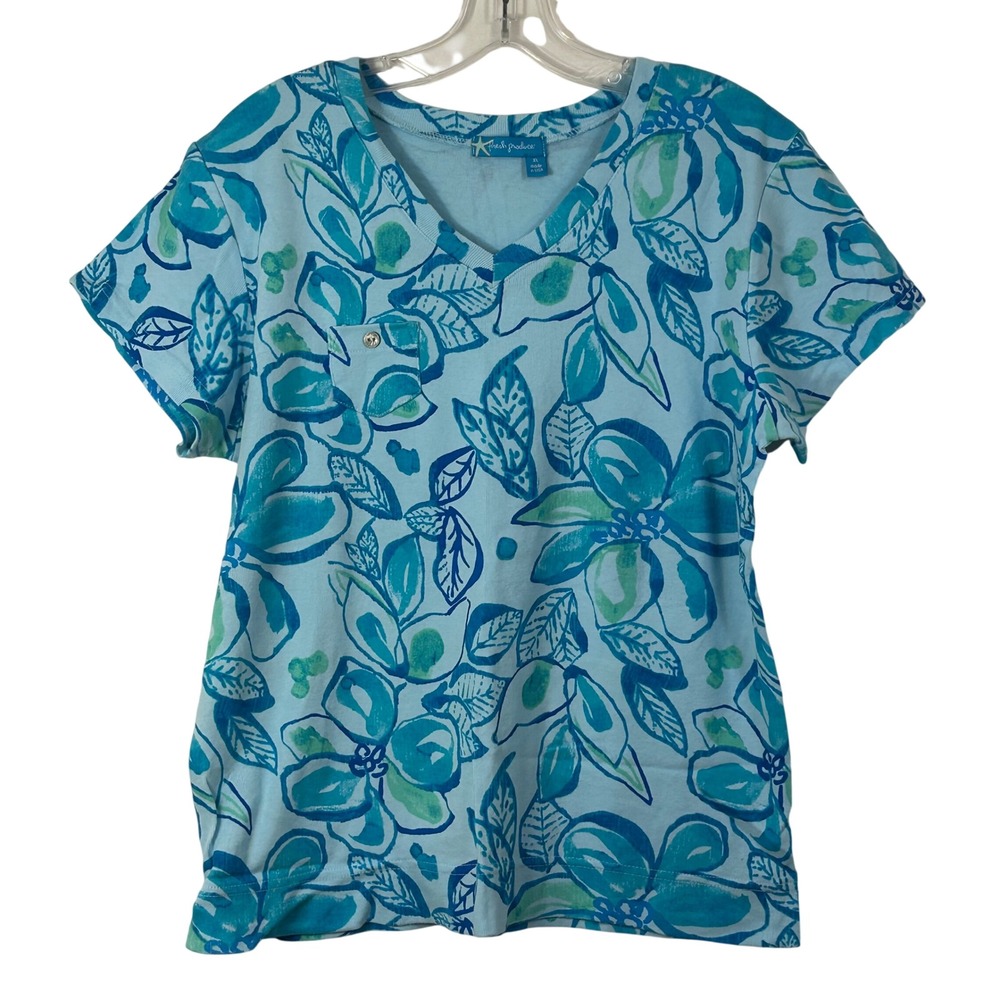 Fresh Produce Womens XL Blue Floral V-Neck Short Sleeve Cotton T-Shirt Made USA
